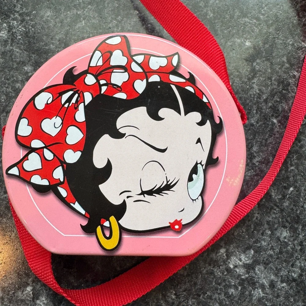 Vintage y2k Betty Boop Tin Purse Crossbody Bag Pink Red Heart Winking Face Metal
